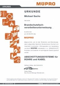 Mitarbeiterzertifikat<br>Sachs - Brandschutzfachverarbeiter-unterweisung