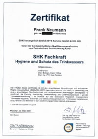 Mitarbeiterzertifikat<br>Neumann - SHK-Fachkraft für Hygiene und Schutz des Trinkwassers