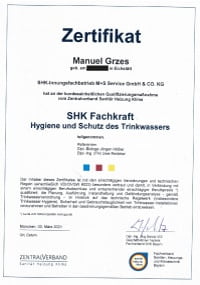 Mitarbeiterzertifikat<br>Grzes - SHK-Fachkraft für Hygiene und Schutz des Trinkwassers